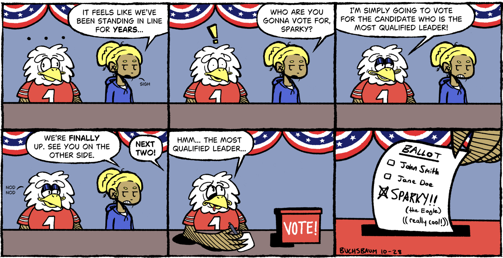 Six-panel comic. Sparky the Eagle and Rebekah wait in line to vote. Sparky says he’ll vote for the most qualified leader, then marks his ballot for himself: “Sparky!! (the Eagle) ((really cool!)).”